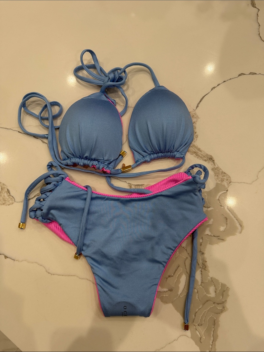 Pink & Blue Two-Tone Ribbed Triangle Bikini - Women - Picture 3 of 3
